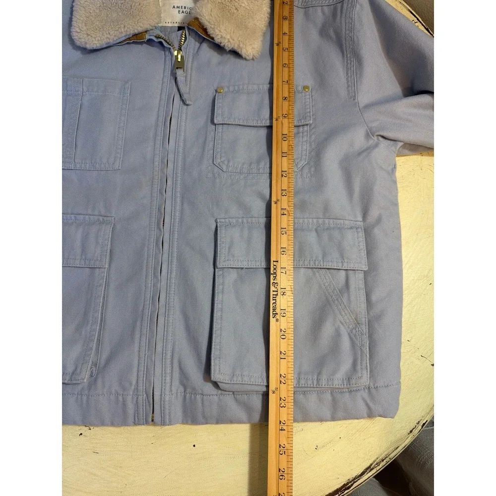 American Eagle Utility Jacket Women's Lg Blue Sherpa‎ Collar Canvas Zip